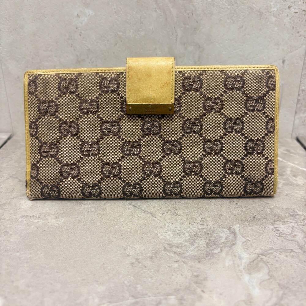 Vintage Gucci GG Monogram Canvas Continental Wallet Yellow Leather Made Italy